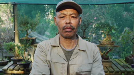 Portrait-of-african-american-male-gardener-with-crossed-hands,-looking-at-camera-at-garden-center