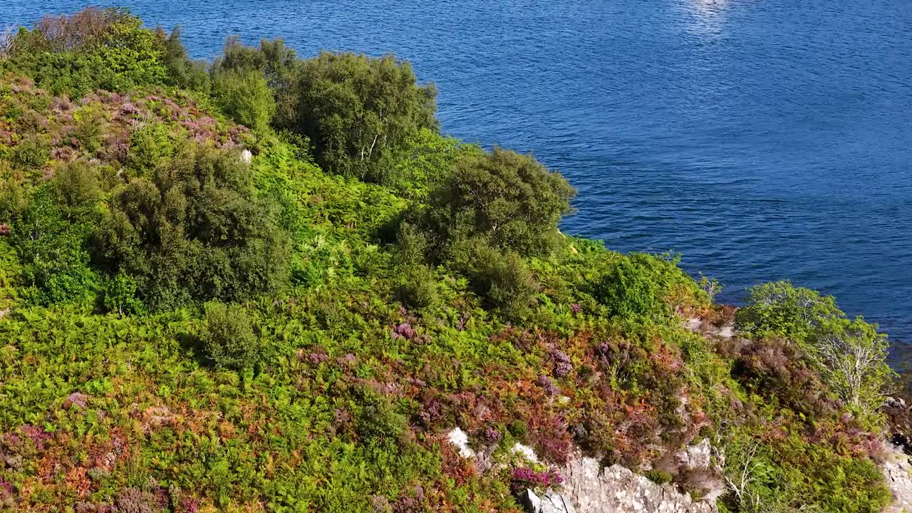 Drone glides above lush, rocky island surrounded by blue water in bright natural daylight