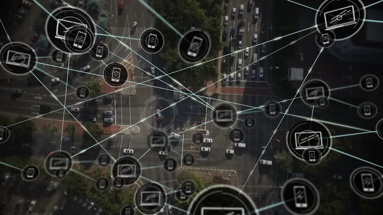 HUD circle appearing over roundabout, nodes radiating, multiplying, connecting, showing device mesh