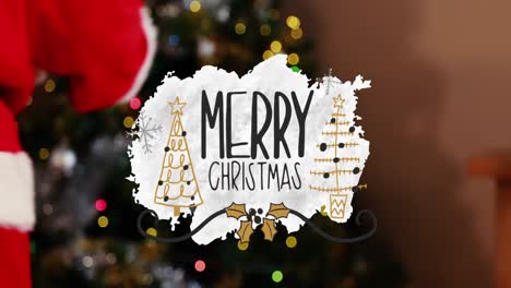 Animation-Des-Textbanners-„Frohe-Weihnachten“-über-Dem-Weihnachtsmann,-Der-Einen-Weihnachtsbaum-Schmückt