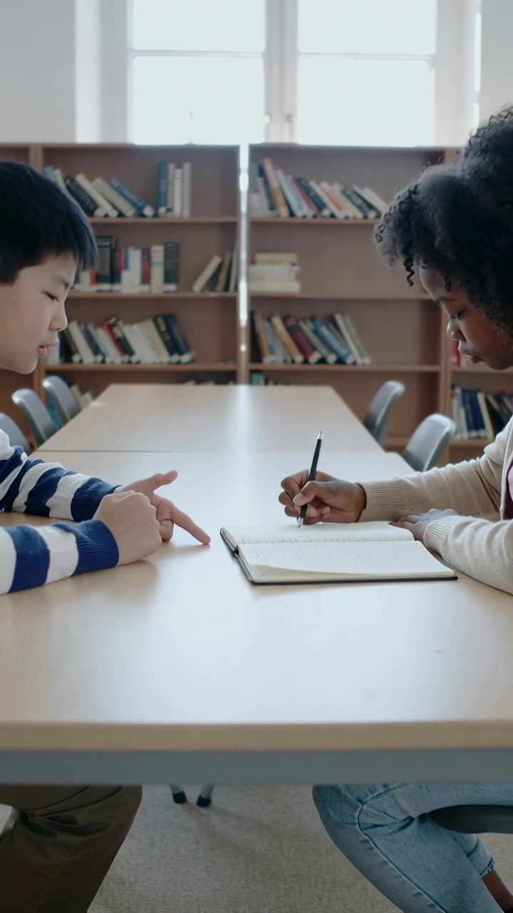 Video verticale: Uno studente indica a sinistra e guida il partner a scrivere in biblioteca, con quaderno e penna.