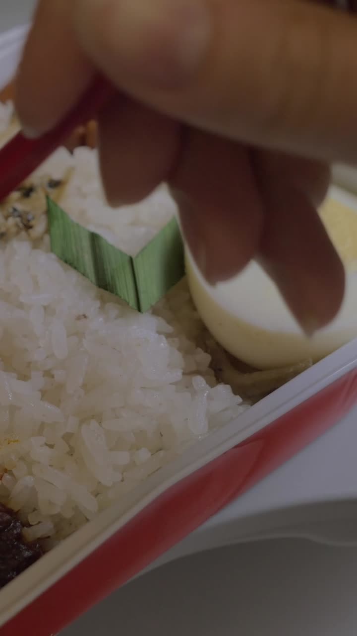 Nahaufnahme eines Nasi Lemak Gerichts mit Reis, Ei und Sambal