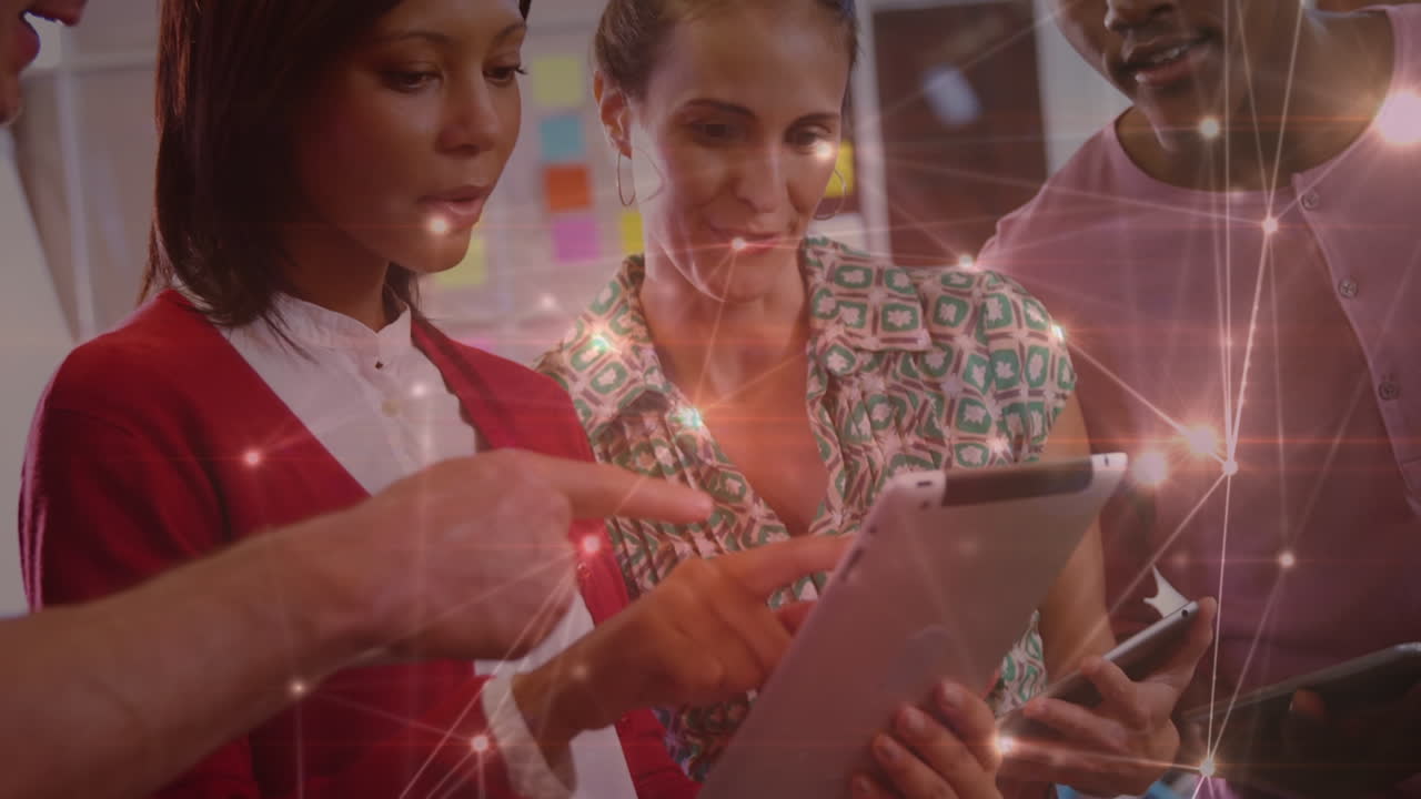 Animation of network of connections over diverse business people in office