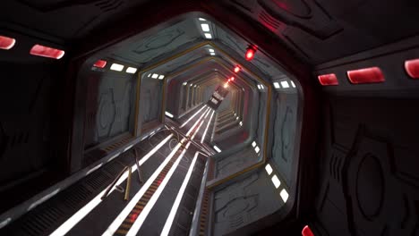 una toma real de un pasillo futurista de ciencia ficción en una nave espacial.