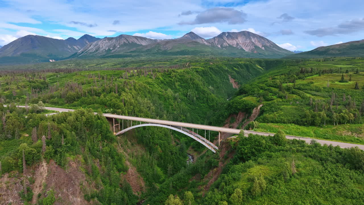 Bridge over deep Alaskan gorge. Aerial view of a high bridge spanning a deep forested Alaskan gorge