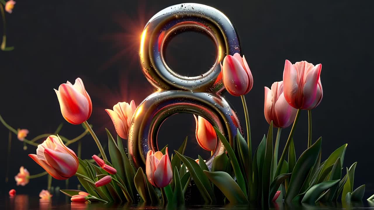 International Women's Day greeting with metallic number eight and pink tulips