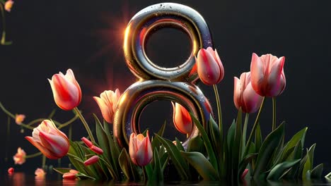 international women's day greeting with metallic number eight and pink tulips