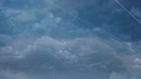 Animation-Des-Verbindungsnetzes-Mit-Statistikaufzeichnung-über-Wolken-Im-Hintergrund