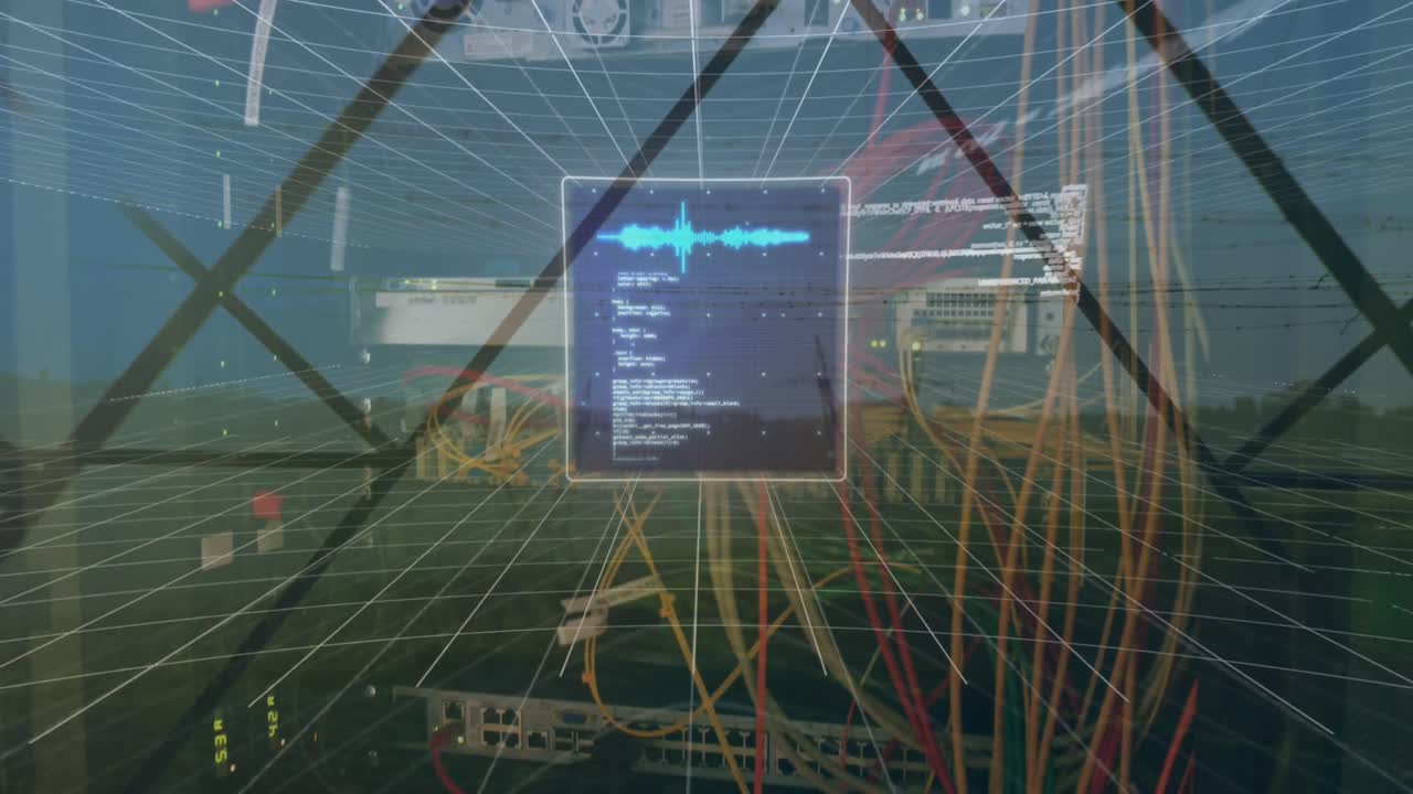 animazione dell'elaborazione dei dati su schermi digitali sopra i pali elettrici