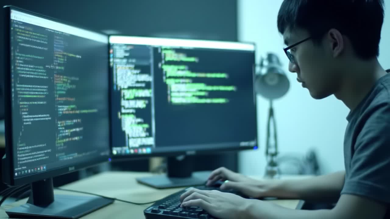 In a dimly lit workspace, a focused programmer types energetically on a keyboard, surrounded by monitors displaying colorful lines of code and programming languages, epitomizing modern coding