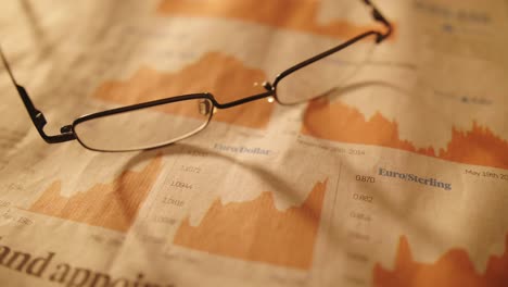 dolly shot of eyeglasses on stock exchange newspaper