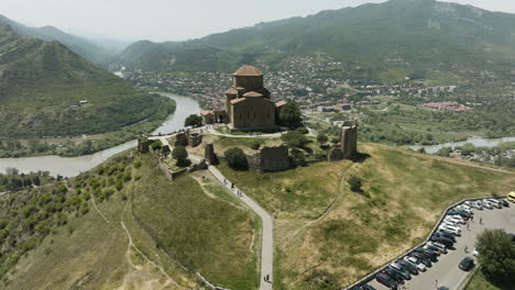 drone view of georgian orthodox monastery jvari in mtskheta, georgia