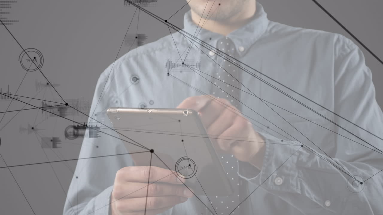 animación de redes de conexiones a través de un empresario caucásico usando una tableta