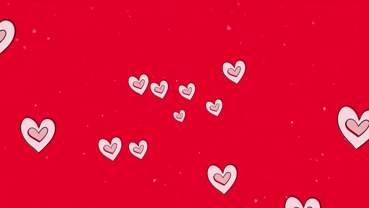 Animazione di icone di cuori rosa che fluttuano su spazio per il testo su sfondo rosso