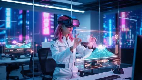 a futuristic scenario where a woman in a high-tech environment engages with virtual reality technology, manipulating holographic data displays and interfaces with precision and creativity