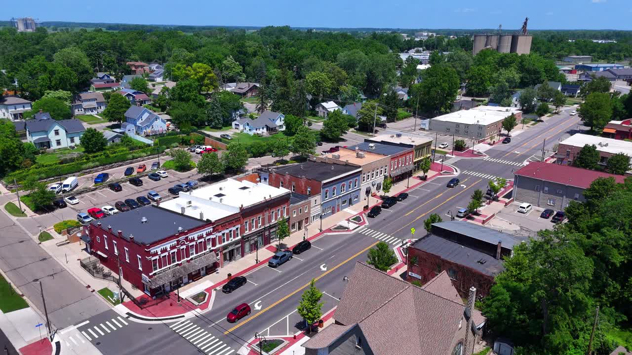 Grand Ledge historic downtown aerial view with red brick buildings and streets, MI, USA