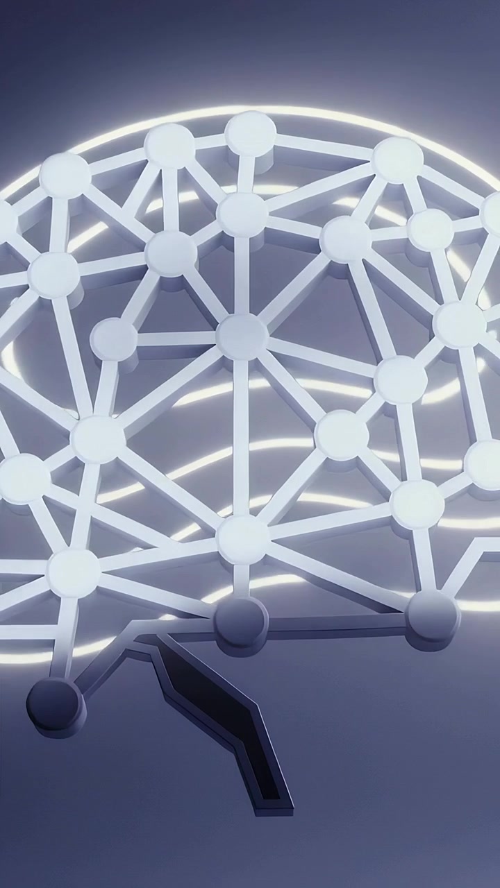 Vertical video: Starting with central node glowing, brain network pulsing in studio, showing signal