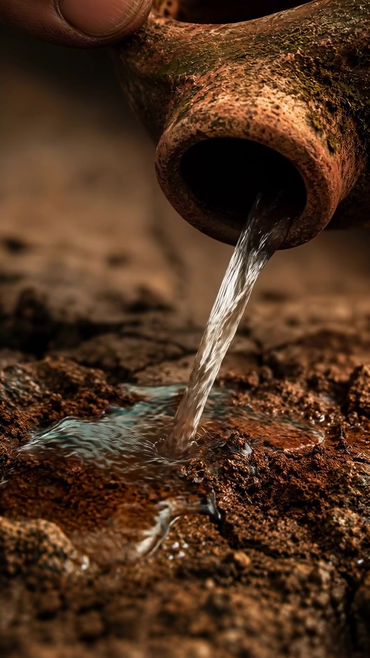 Una vista ravvicinata cattura l'acqua che scorre da un tubo usurato su terreno scuro mentre le increspature si espandono sul terreno bagnato, con una luce calda che evidenzia la texture ruvida e i graduali cambiamenti di accumulo