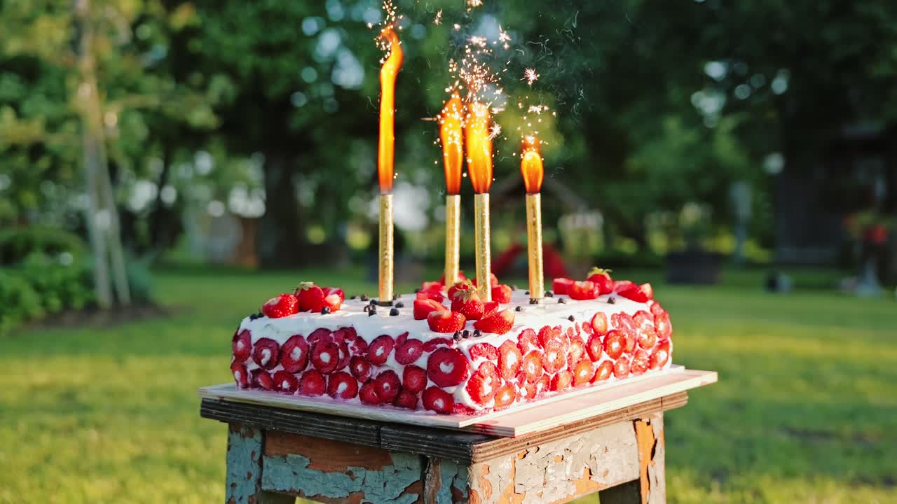 Rustic wooden stool holds fresh latvian strawberry cake lit with sparklers