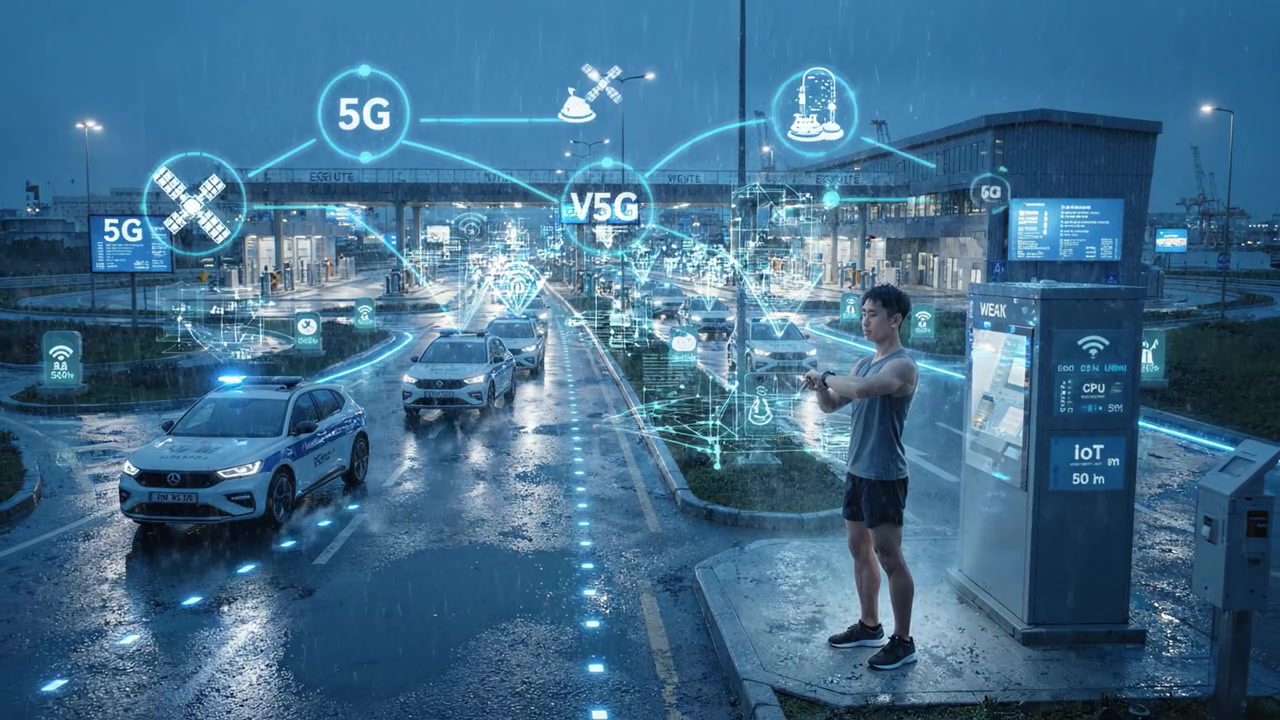 Incrocio urbano high-tech sotto la pioggia con veicoli e icone di connettività 5G, che illustra la tecnologia Smart City in movimento.
