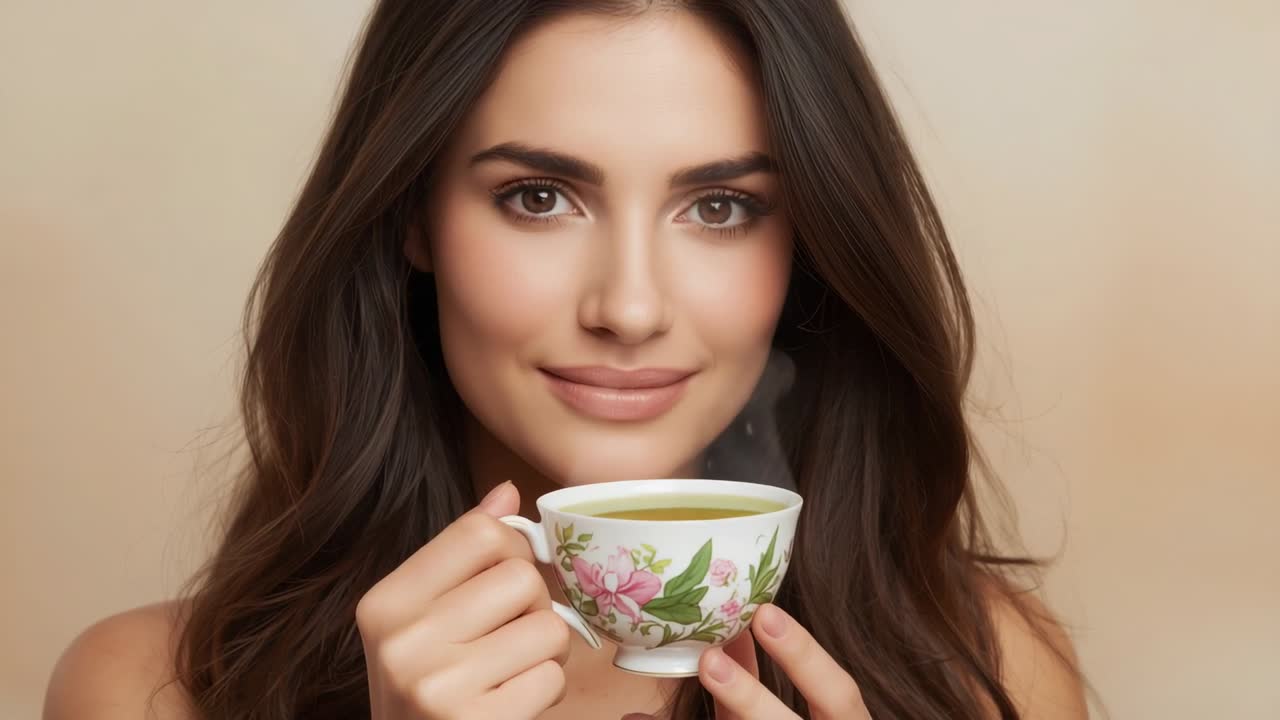 Lifting woman in strapless top holding steaming floral teacup to face in studio, inhaling aroma
