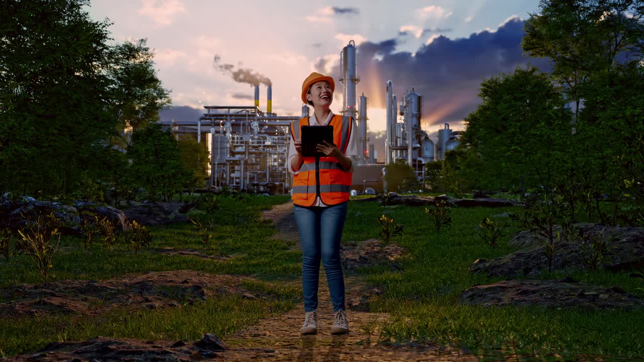 Full Body Of Asian Female Engineer With Safety Helmet Looking At The Tablet In Her Hand And Looking Around While Standing In Front Of Oil Refinery