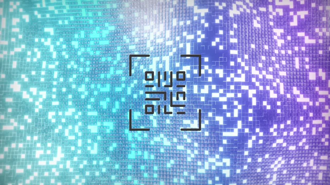 Animation of digital neon qr code flickering over purple and green mosaic in background