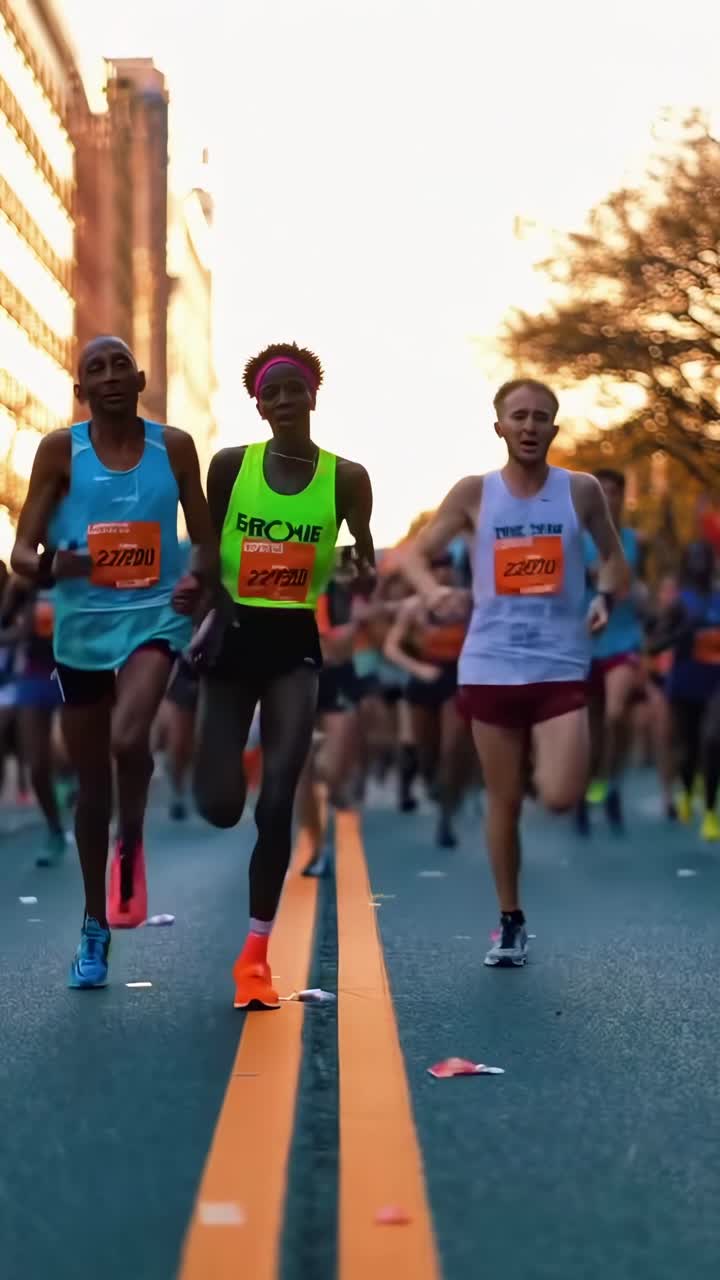 Video dinamico a livello stradale di maratoneti in abbigliamento vivace, che cattura energia e movimento