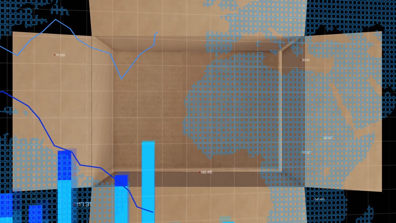 animación del procesamiento de datos estadísticos sobre el mapa del mundo y la caja de cartón