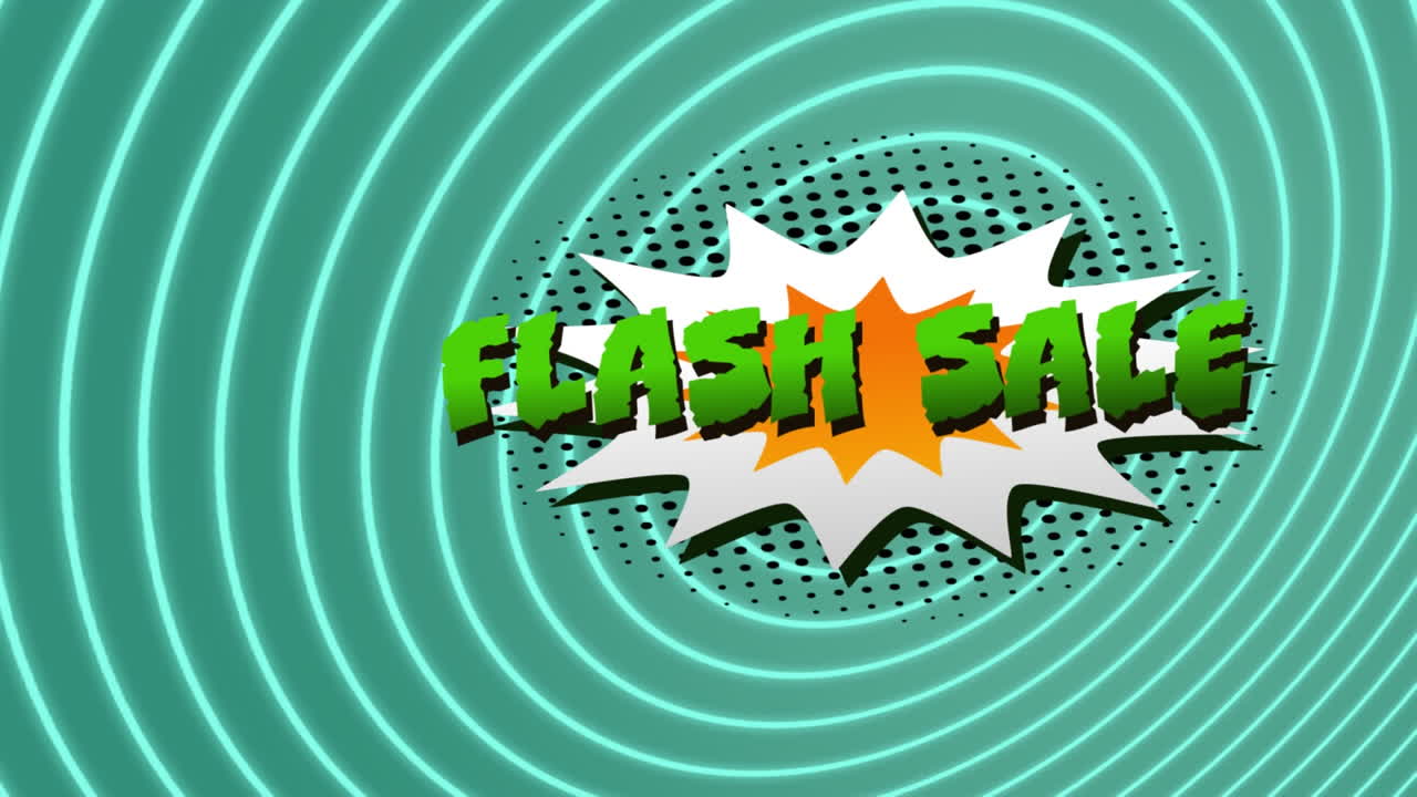 animación de texto de venta flash sobre burbuja de habla retro sobre fondo verde