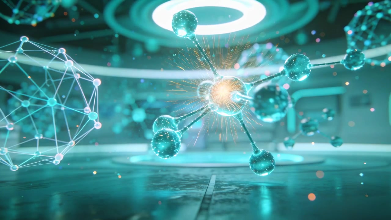 Camera panning, teal molecule rotating and drifting right, showing nodes in future lab, wireframe