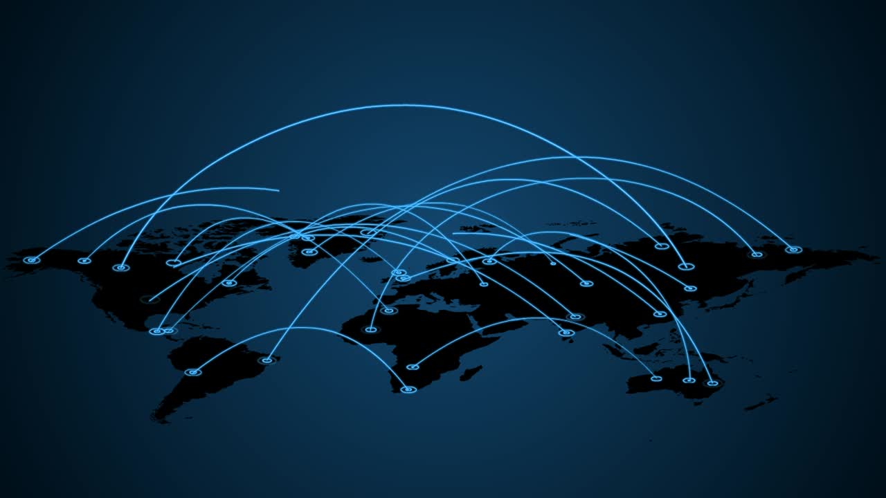 World map with interconnected links, Global communication concept, Digital technology, travel background, 4k Video.