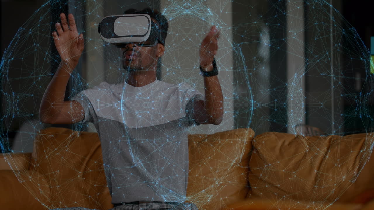 Animation of network of connections over biracial businessman using vr headset