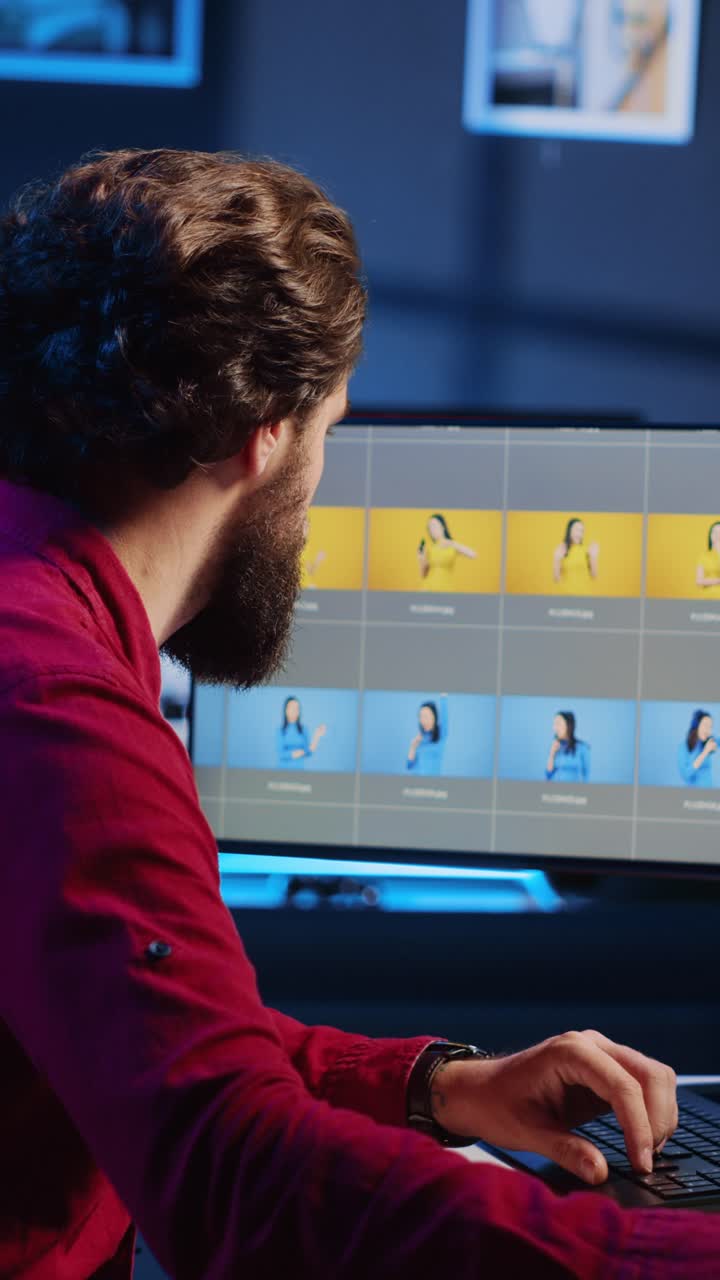 Vertical video Photographer enhancing images quality, correcting flaws and adjust color, contrast, and brightness