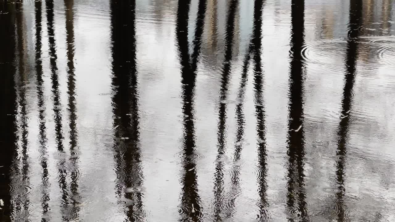 Abstract footage of reflection on water in puddle at rainy weather, reflective surface the water, micro waves, water texture, nobody