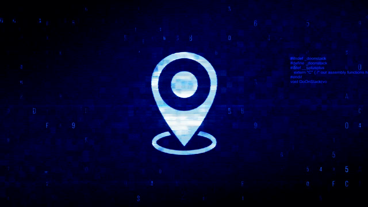 símbolo de ubicación del mapa animación de error de ruido de píxeles digitales.