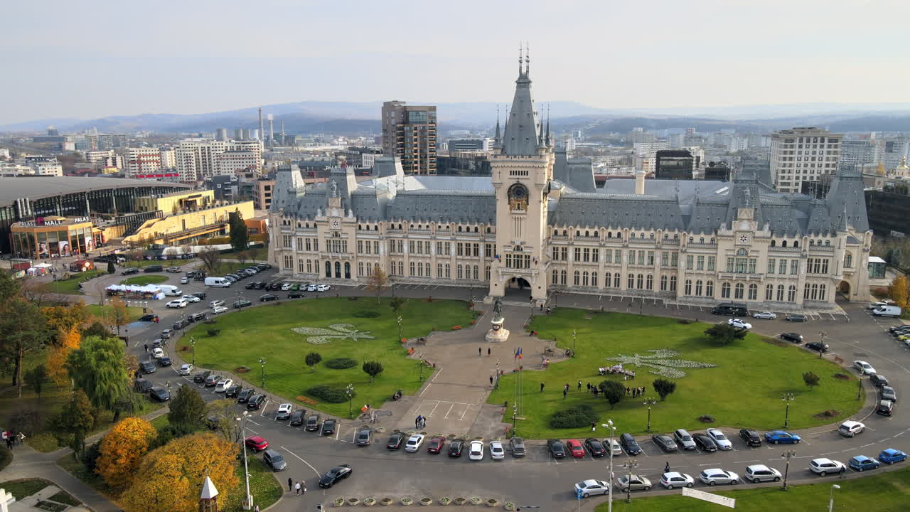 Aerial drone view of central buildings in Iasi, Romania. Square in front of it