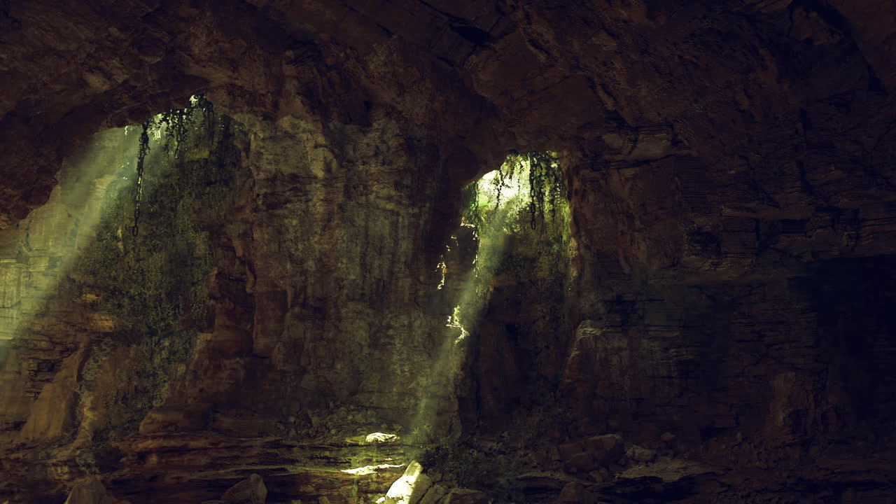 Scena di grotta serena con una pozza luminosa e pareti muschiose