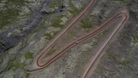 aerial top down shot of vehicle driving on serpentine road on rocky iceland island