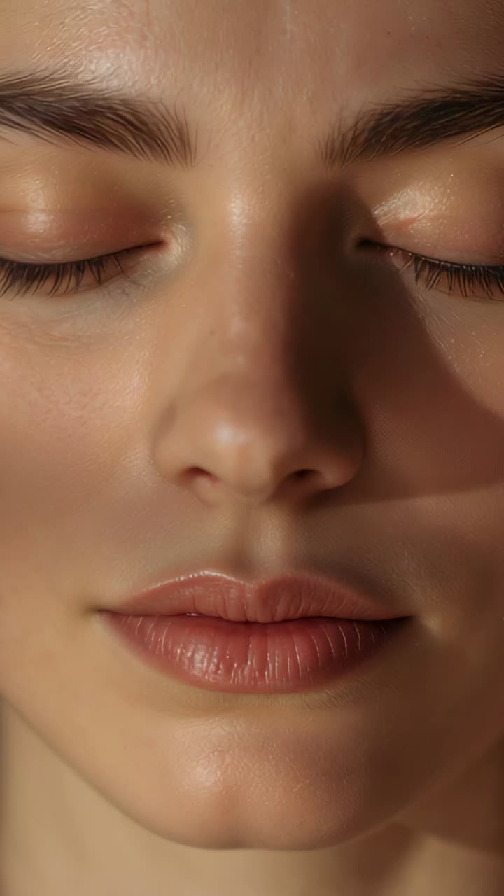 Vertical video: Camera rolling closeup woman face breathing slowly eyes closed studio, showing skin