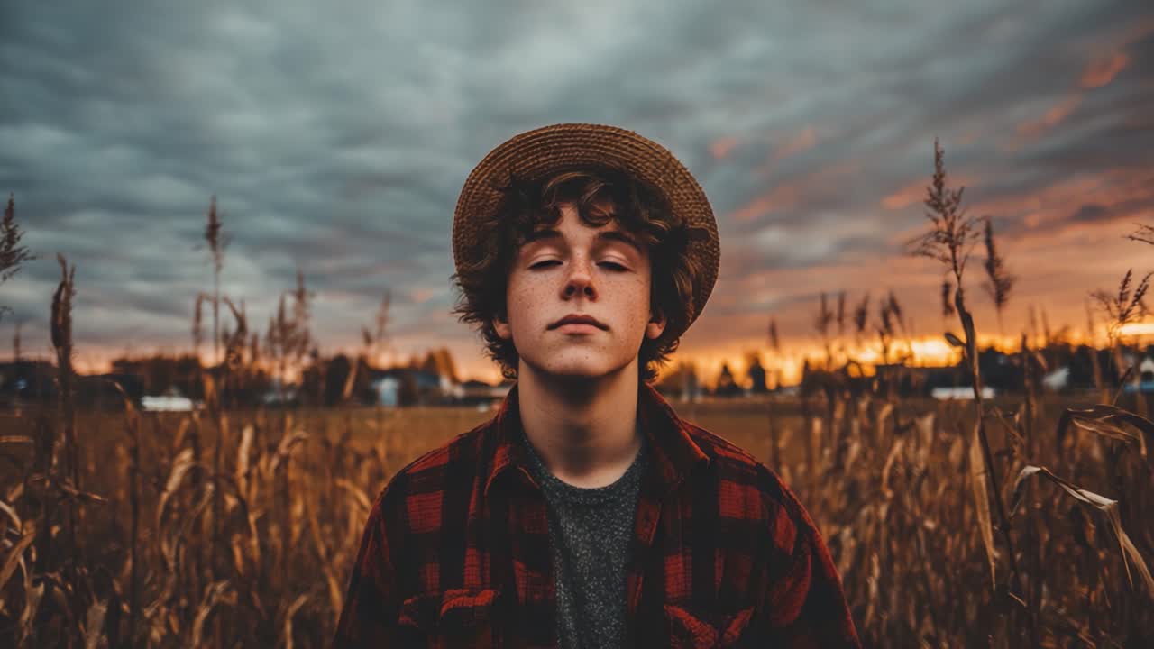 Un giovane ragazzo pensieroso si erge tra alte colture al tramonto, circondato da un bellissimo cielo al tramonto e nuvole vibranti, catturando l'essenza della vita rurale e la bellezza della natura.