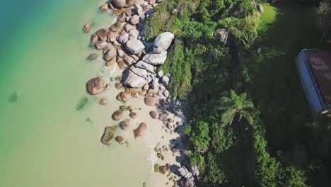 Vista-Aérea-Superior-De-Una-Hermosa-Playa-Llena-De-Vegetación.