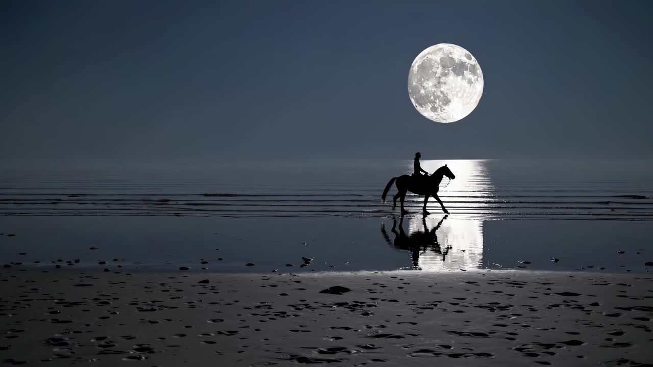 Cowboy Riding Horse on a Beach at Night Under a Full Moon