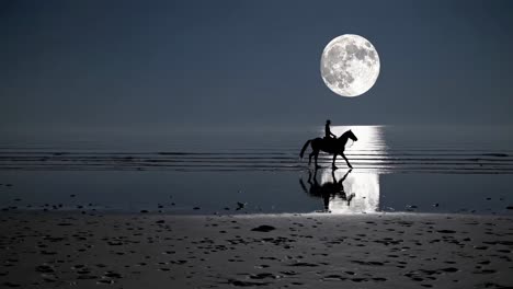cowboy riding horse on a beach at night under a full moon