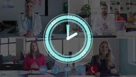 Animation-of-clock-moving-fast-over-doctors-and-businesswomen-on-video-call