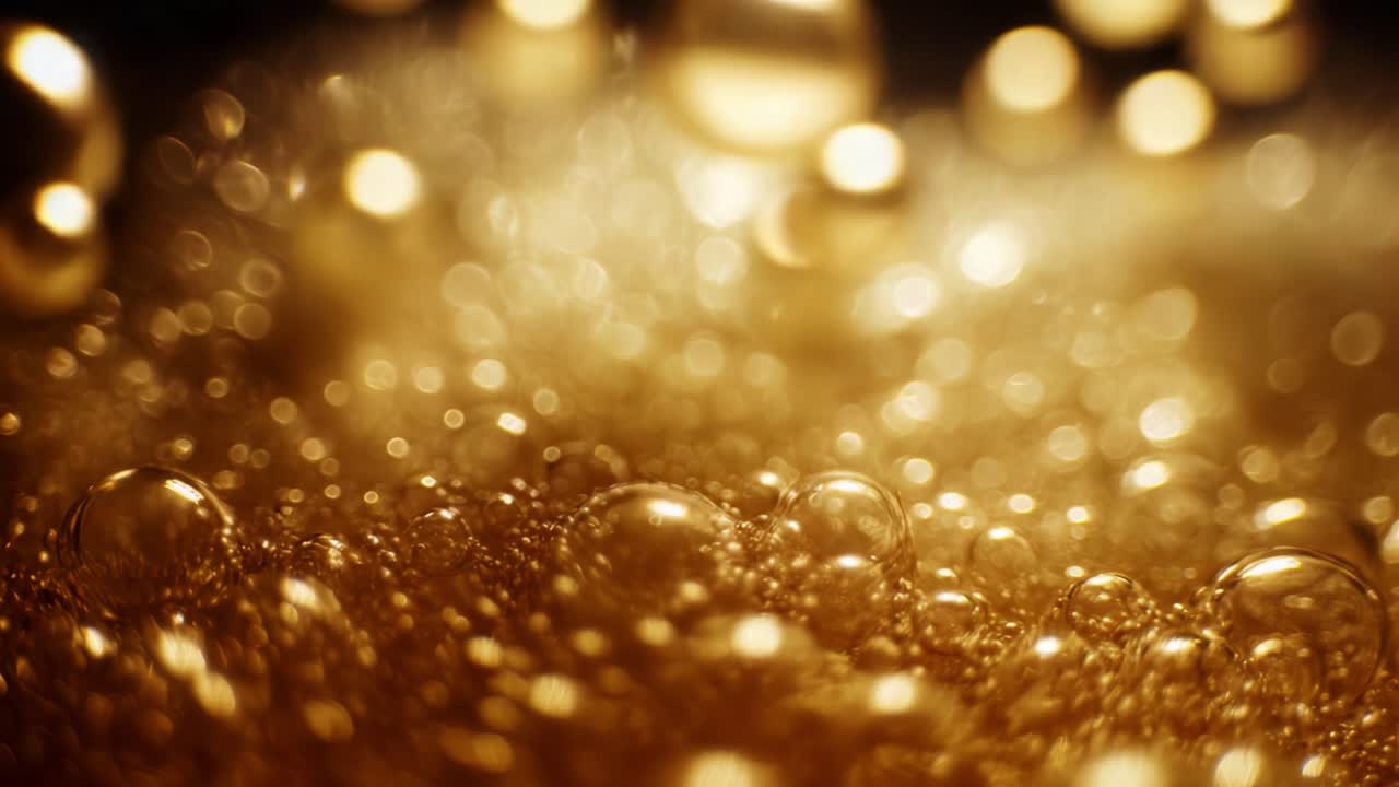 Captivating Close-Up of Glimmering Bubbles on a Sparkling Golden Surface with a Dreamy Bokeh Background, Evoking a Sense of Magic and Wonder in Every Glint of Light