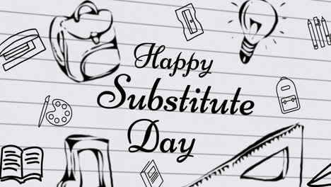 animación del texto del día del sustituto feliz sobre los iconos de la escuela sobre un fondo blanco