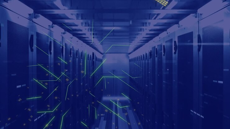 Animation of circuit board and data processing over computer servers