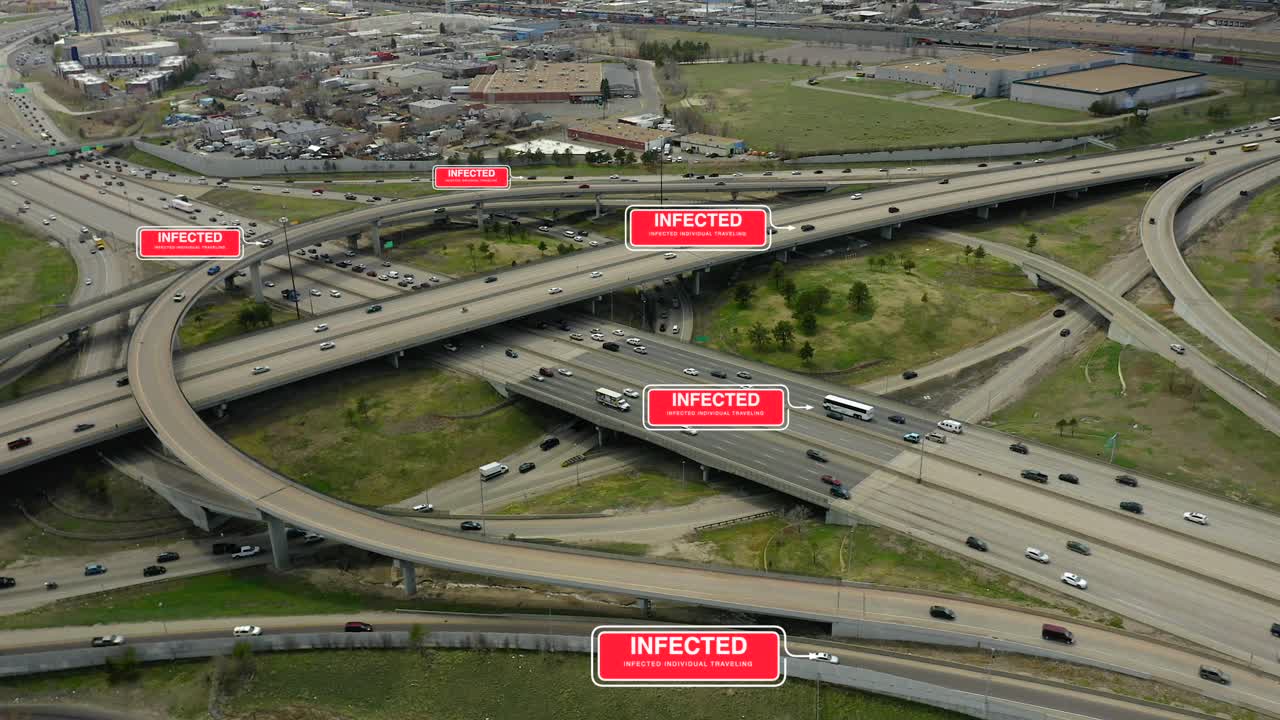 모션 그래픽 영상은 고속도로에서 가상으로 감염된 차량을 표시합니다.