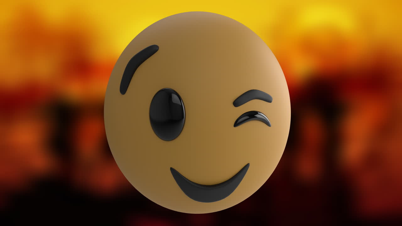 animação de um ícone emoji de rosto piscando contra um fundo desfocado com espaço de cópia.